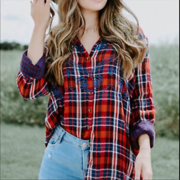 Free People Tops - Free People Magical Plaid Embroidered Button Down
